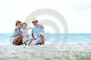 Happy family summer sea beach vacation. Asia youngÃÂ people lifestyle travel enjoy fun and relax leisure destination in holiday